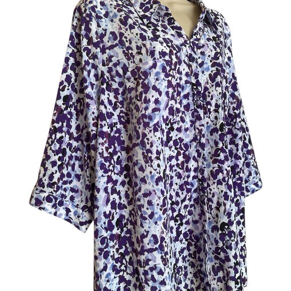 Catherines Purple and Blue Abstract Blouse 3/4 bottoms pockets silky 1X 18/20W - Picture 2 of 7